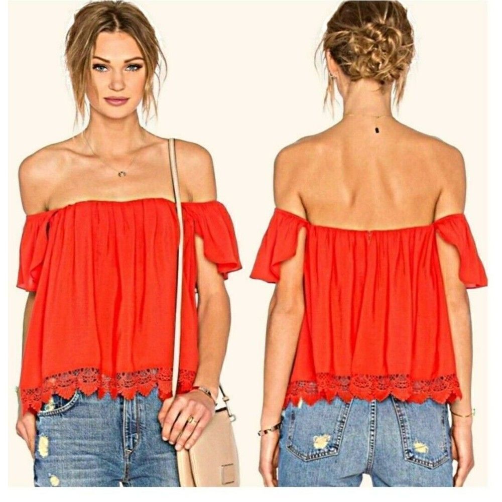 Off Shoulder Top Bustier Boho-Chic Back Zip Boning Over-Blouse Orange Red Sm